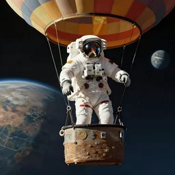 astronaut arriving a different planet on a hot air ballon, by francis bacon