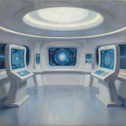 a still life painting, star trek interior, centered perspective, bright utopian retrofuturistic. futuristic touchscreens. realistic expressionist in the style of noriyoshi ohrai