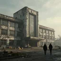 post apocalyptic hospital building, morning, by pascal blanche, trending on artstation, human silhouettes walking