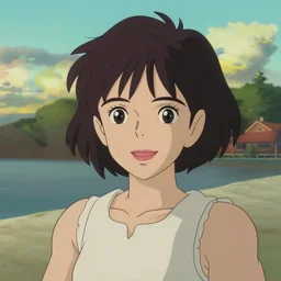 a stylized 2 d cinematic keyframe of a beautiful woman at the beach, joy gaze, cel - shaded, classical animation, edge to edge print, rendered by studio ghibli, artgerm, alyssa monks, andreas rocha, david kassan, neil blevins, rule of thirds, golden ratio, ambient lighting