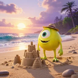 3 d octane render, of a hot anthropomorphic lemon female character looks like monster from the movie وmonsters inc, with lemon skin texture, she is wearing a hat, building a sandcastle on the beach at sunset, beach, huge waves, sun, clouds, long violet and green trees, rim light, cinematic photography, professional, sand, sandcastle, volumetric lightening