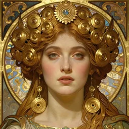 realistic detailed face portrait of a beautiful young medieval fairy queen by Alphonse Mucha, Greg Hildebrandt, and Mark Brooks, gilded details, spirals, Neo-Gothic, gothic, Art Nouveau, ornate medieval religious icon