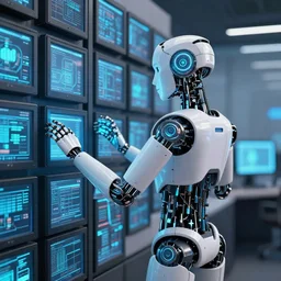 a female robot defending a wall of computers