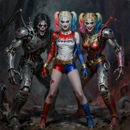 portrait painting of ed and lorraine warren possessed by harley quinn zombie battles biomechanical wonder woman, sharp focus, full figure action shot, award - winning, dark fantasy, eerie, the occult, satanic, trending on artstation, masterpiece, highly detailed, intricate. art by josan gonzales and moebius and deathburger