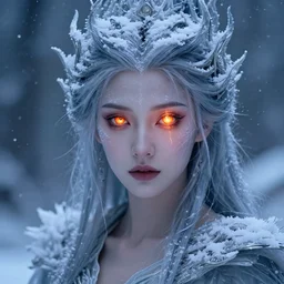 a head and shoulders shot of a beautiful ancient frost witch, eye fire, snow glow, snowfall, highly detailed, digital painting, artstation, sharp focus, illustration, art by tan zi and ayanamikodon and alphonse mucha and wlop