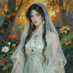 portrait of an androgynous god, diaphanous robes, shawl, veil, pale skin, long dark hair, beautiful, lush flora, vibrant autumn forest background, elaborate crystal jewelry, earrings, artstation, ilya kuvshinov, alphonse mucha, conrad roset, rossdraws, greg rutkowski, illustration, realistic