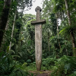 abandoned by diebedo francis kere, the tall sword stone monument in the rain forest junglepunk, archdaily, wallpaper, highly detailed, trending on artstation