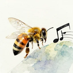 a watercolor painting of a bee, light, and music converging