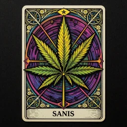 cannabis symbolism, dark atmosphere, detailed linework, vibrant colors, cinematic, psychedelic, black paper, ornate, symmetrical, tarot card, highly detailed, ink illustration, golden ratio, 8k, style of Peter Mohrbacher