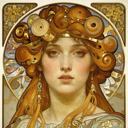 realistic detailed face portrait of Persephone by Alphonse Mucha, Greg Hildebrandt, and Mark Brooks, gilded details, spirals, Neo-Gothic, gothic, Art Nouveau, ornate medieval religious icon