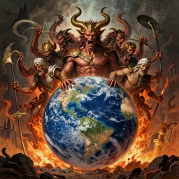 many - headed demon, alexander the great, the earth, atmospheric, epic, huge, terrifying, great, landscape, fire and brimstone, illustration, art by william black