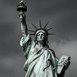 the statue of liberty overtaken by black tendrils and mechanical parts, body horror, horror, scary, dark, creepy, black and white, scary, n7