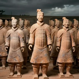 A terracotta army of David Byrne in big suits, vintage photograph