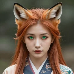 portrait of a beautiful fox woman with fox ears , gorgeous ginger hair with white highlights, green jade eyes, wearing a kimono, clear dark complexion, symmetrical face, Instagram aesthetic, cinematic, WLOP, artgerm, Jason Chan, Charlie Bowater