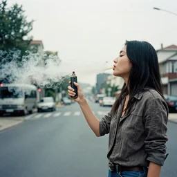 Maggie Cheung doing vape tricks, 35mm film still, rule of thirds, by Jean Luc-Godard