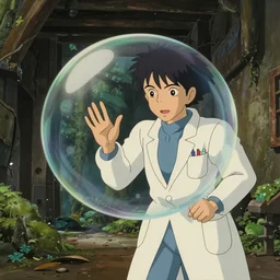 realistic interior shot from howls moving castle ( 2 0 0 4 ) of a scientist warping out of a bubble in a dense woodland a abandoned alley. cartoon depth of field.