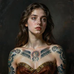 beautiful young woman with tattoos, painted by michaelangelo, in the style of irakli nadar, deep mood, hyperrealism, epic and cinematic
