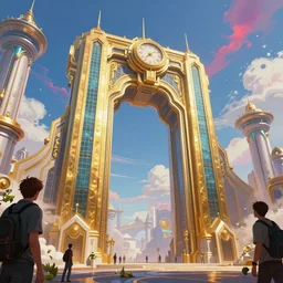 an intricate concept art illustration of a sky city megastructure with humongous golden gate, fuzichoco color palette, digital art, matte painting, photorealistic movie still, art by ivan talavera and artgerm and dylan cole and feng zhu, hyper realistic, octane render, vibrant, fantasy, trending on artstation, cgsociety, epic lighting