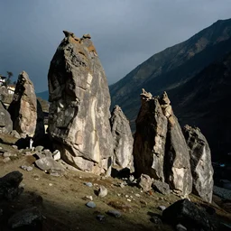 valley of flowers with high and small monoliths, humans, renaissance style, film grain, high detailed,