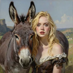 ultra realistic portrait painting of elle fanning as a donkey, art by frank frazetta, 4 k, ultra realistic, highly detailed, epic lighting