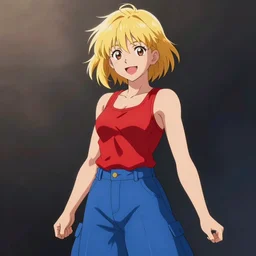 Photorealistic anime, digital art, a short athletic blonde girl, happy and spirited expression, medium shot, red tank top and wide blue pants