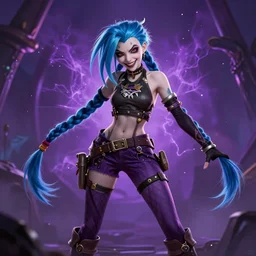 portrait attractive ella purnell, hair blue two long braids, evil insane intrigue smiling, particles explosion, high boots, short bridges with leggins and top, purple cloth, elegant intricate matte sharp focus 8 k, fantasy digital art, league of legends, a stylized portrait of jinx, arcane cartoon series by ilya kuvshinov