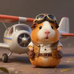 cute little anthropomorphic Guinea Pig Pilot standing next to its plane, tiny, small,  short, Pilot driver outfit, cute and adorable, pretty, beautiful, DnD character art portrait, matte fantasy painting, DeviantArt Artstation, by Jason Felix by Steve Argyle by Tyler Jacobson by Peter Mohrbacher, cinematic lighting