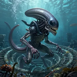 underwater xenomorph alien mixed with sharks extra teeth tentacles labyrinth highly detailed digital painting artstation concept art