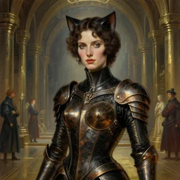 closeup painting of uncannily beautiful aristocrat wearing black and bronze armor catsuit inside bronze byzantine arcology, science fiction by j. c. leyendecker and fritz lang and rembrandt and greg rutkowski and stefan prohaczka