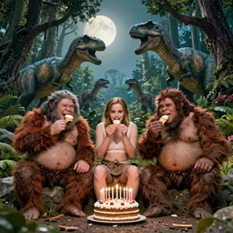 photo, three hairy fat neanderthal people, emma!! watson!! smiling, eating outside, surrounded by dinosaurs!, gigantic forest trees, sitting on rocks, bright moon, birthday cake on the ground, front view