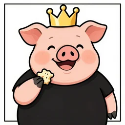 comic art of a cute obese pig smiling in a black shirt wearing a crown eating snacks, drawn by Bruce MacKinnon, 4K