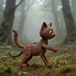 A photograph of a rusty antique cat puppet walking in a strange foggy forest