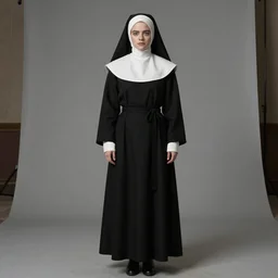 A full body shot of Emma Stone dressed as a nun , catholic , high quality, fully detailed, 4k, inspired by handmaid's tale
