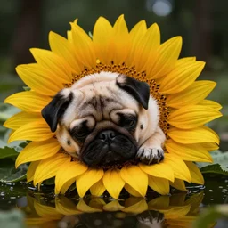 adorable pug sleeping on a sunflower in a pond in a dark forest, detailed illustration in dotted, black and white, in the style of gustave dore's dante's inferno.