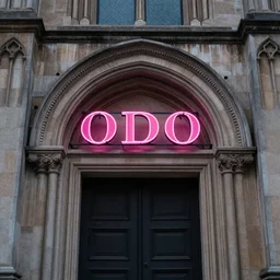 A pink neon sign with rounded lowercase letters spelling ODOO above the front door of a cathedral