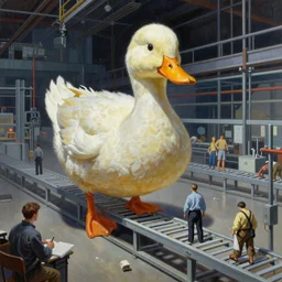 A mixed media painting of a giant duck putting humans on an assembly line in a factory, by Frank Frazetta, Greg Rutkowski, Beeple, post-processing, low angle, masterpiece, cinematic, isometric, volumetric lighting
