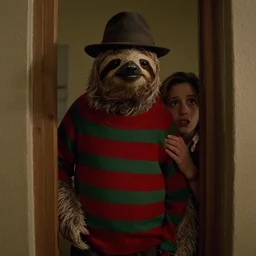 a sloth dressed in a red and green striped jumper and fedora lurking in the shadows behind a scared teenager, film still