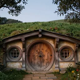 low angle front facing view of hobbiton architecture with rounded windows and wooden doors, textured carved wood material, roof design, photorealistic, highly detailed, evening, unreal engine 5