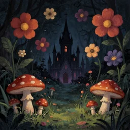 beautiful dark evil wonderland at night with mushrooms and grassy magic dropping vivid flowers Digital Matte Illustration by Lisa Frank