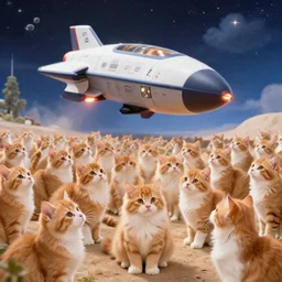1 9 8 0's color photo of starting spaceship at background, thousand of cute ginger cats looking