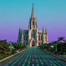 a landscape view of a cybernetic cathedral overlooking an higway made of rows of glowing green codes and symbols, cyberpunk, beautiful detailed, cinematic, strong lighting, hi - fructose art magazine, photorealistic, 8 k, gradient cyan to purple