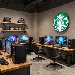 A gaming room designed by Starbucks, shows in detail gaming peripherals, Gaming PC, gaming table, speakers, gaming monitors. Concept art, Octane Render