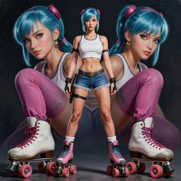 gorgeous!! hyper - realistic giant woman resembling bulma + felicia from darkstalkers on roller skates | drawn by artgerm, drawn by wlop, drawn by jeehyung lee | intricate, high detail, ultra graphics, photorealistic, symmetrical, cinematic, smooth, sharp focus, character design