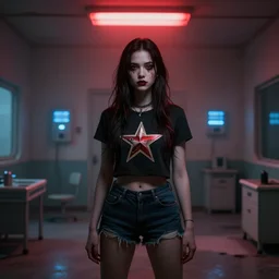 rock star girl standing on an abandoned hospital room with red ceiling lighting and several blue lights on the walls, gloomy and foggy atmosphere, octane render, artstation trending, horror scene, highly detailded