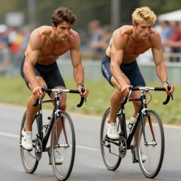 attractive muscular male with brunet hair and attractive muscular male with blond hair. pants and shorts, riding bicycles in a competition, very defined, highly detailed painting by gaston bussiere, j. c. leyendecker, craig mullins 8 k