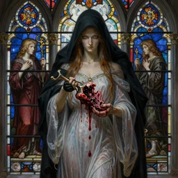 breathtaking detailed soft painting of grim reaper in art nouveau gauze dress, with long hair and piercing eyes in bleeding meat, in an intricate medieval stained glass, rembrandt style, elegant, highly detailed, artstation, concept art, matte, sharp focus, art by tom bagshaw, luis royo and greg rutkowski
