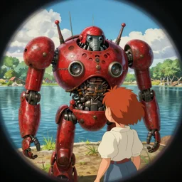 wholesome animation key shot, fish eye lens, intricate, redhead explore red rusty robot schwerer gustav!!!!, lake, ambient occlusion, studio ghibli, pixar, disney concept art watercolor illustration by dao le trong, daniela uhlig, craig mullins, sorolla, dean cornwell, nc wyeth, satoshi kon!