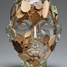 a glass sculpture close up of a face with lots of wood and few leaves concept eclectic, high detail, award winning