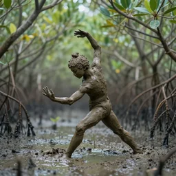 a dancer made of wet clay in a mangrove swamp, cinematic light, beautiful dreamy lighting,