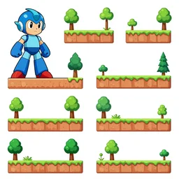 A game assets spritesheet by Megaman X, props, platform, terrain, trees, and 2d, side view assets, side scroller, platform, vector art, very detailed